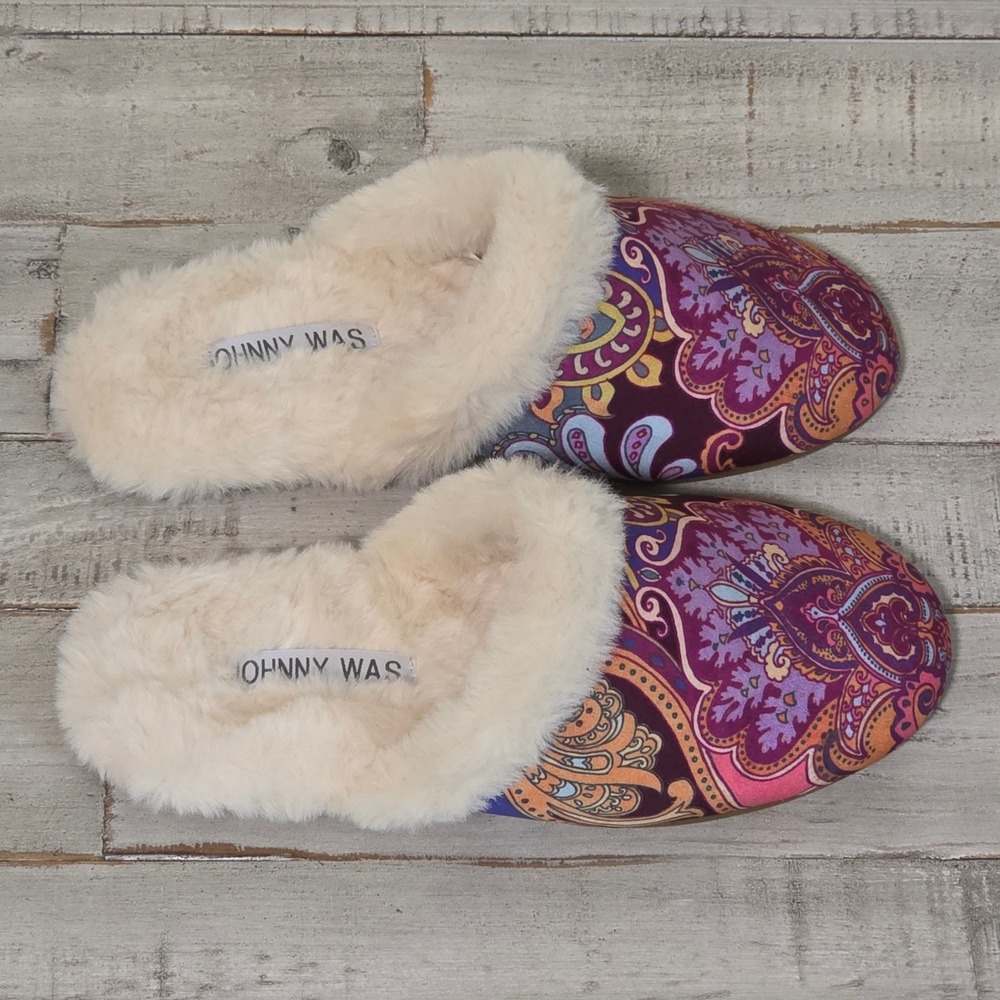 Johnny Was Sandalwood Pink Mule Slipper Women's Size 6 Boho Paisley Fur Lined